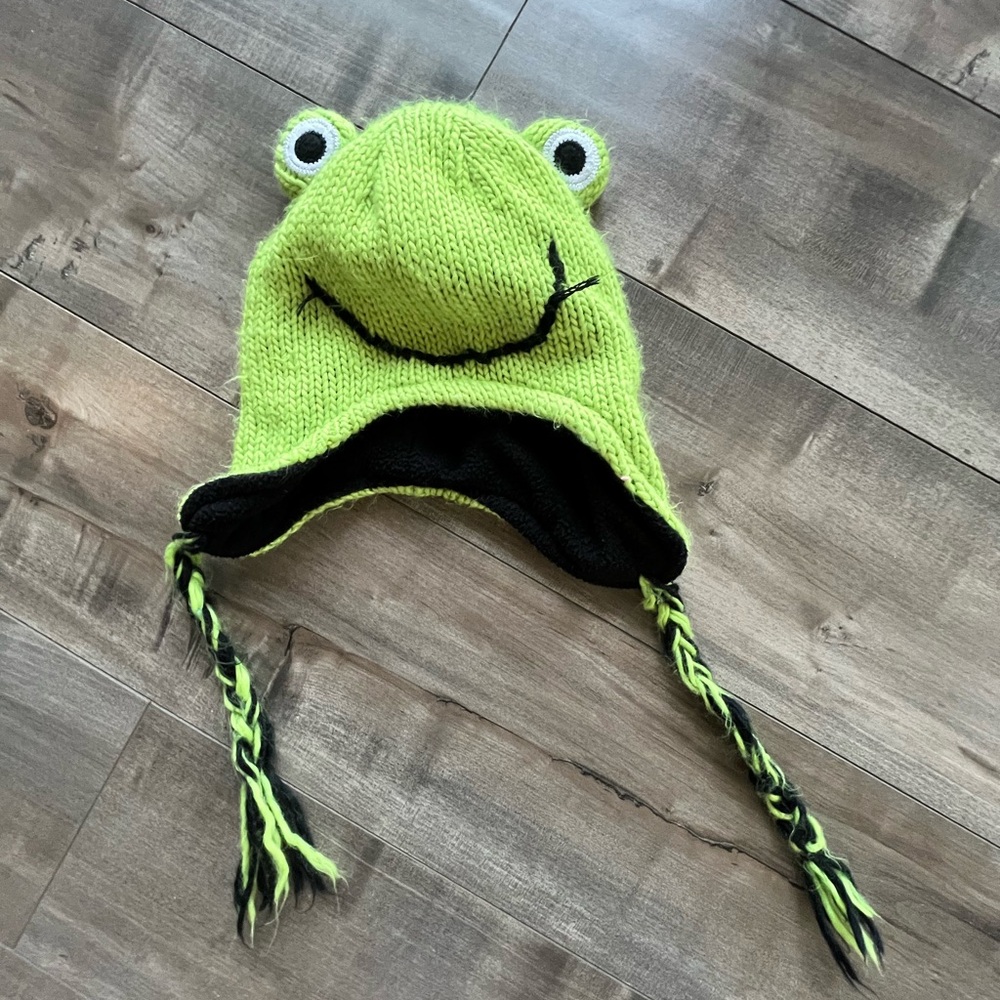 Green Frog Knit Hat with Ear Flaps